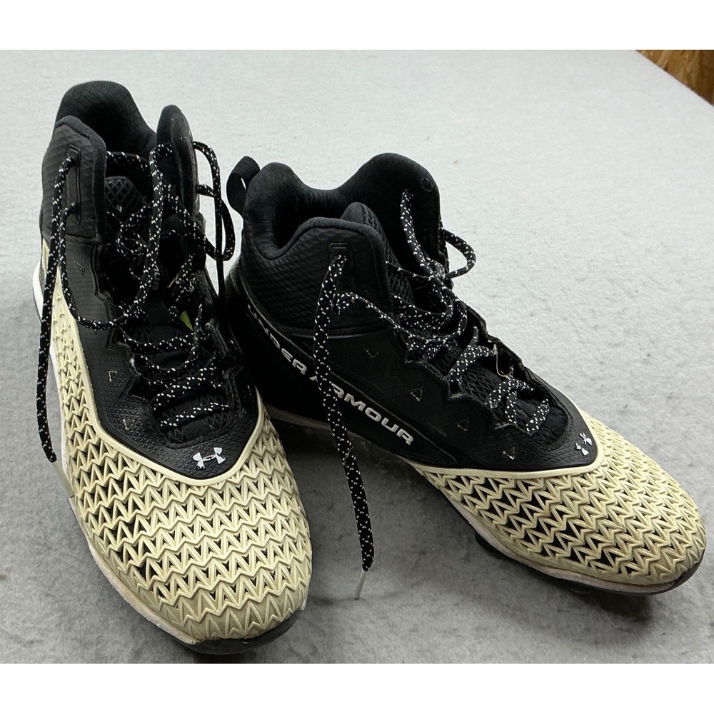 Under Armour Football Cleats Black Cream Geometric Texture Mid Top Men Size 10.5